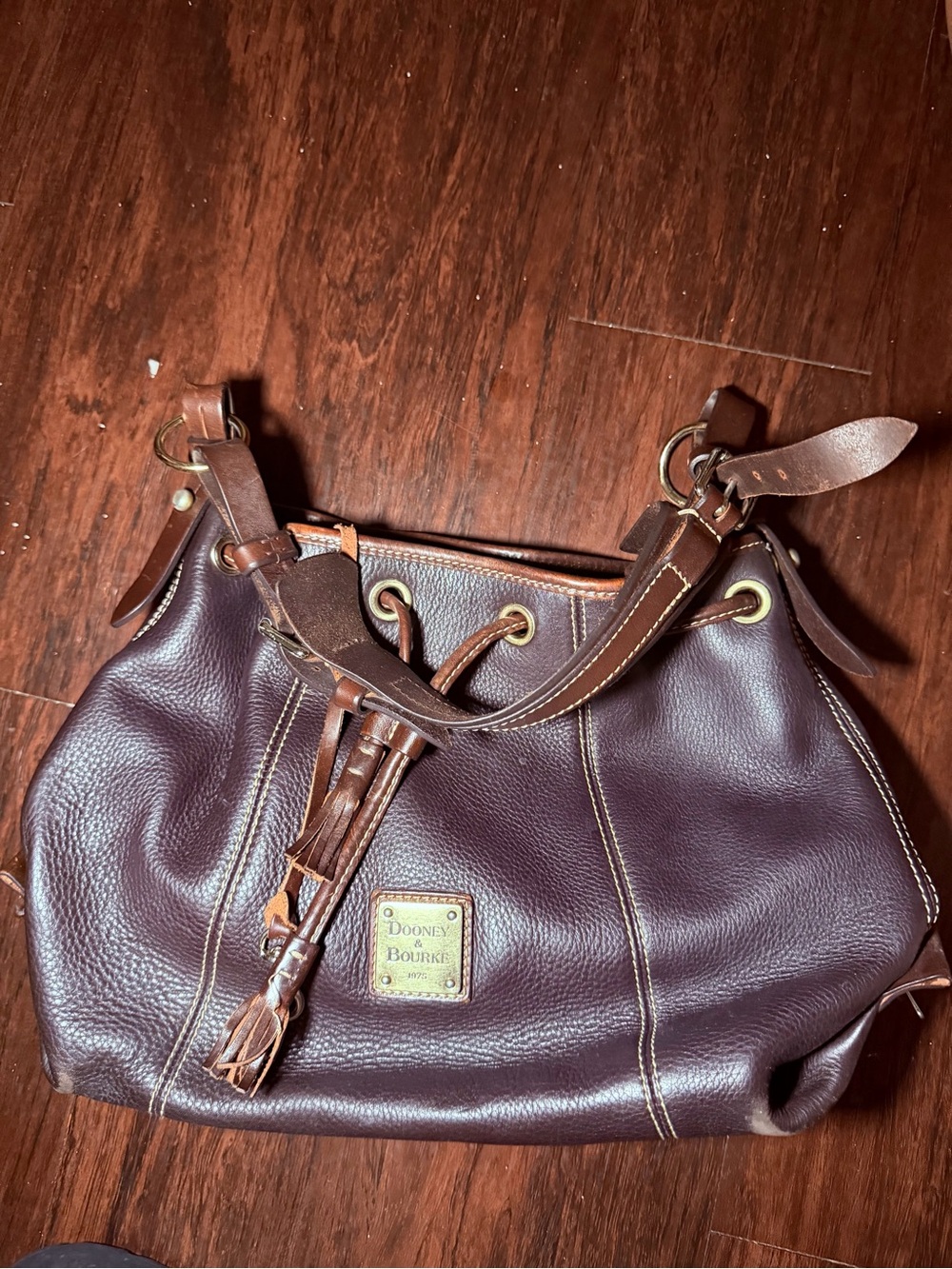 Dooney & Bourke Dark Brown Pebble Leather Drawstring Shoulder Bag
